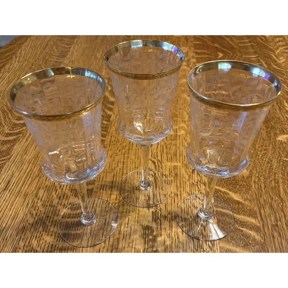 3 Vintage Tiffin-Franciscan 14196-6 Wine Water Goblet Stem Glass Etched Gold Rim
